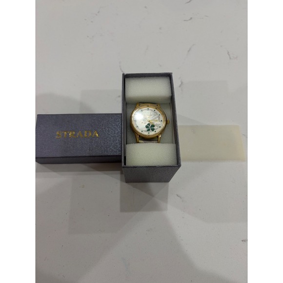 Strada Accessories - Strada Womens Quartz Watch Gold Tone Green Four Leaf Clover Floral Dial New Box